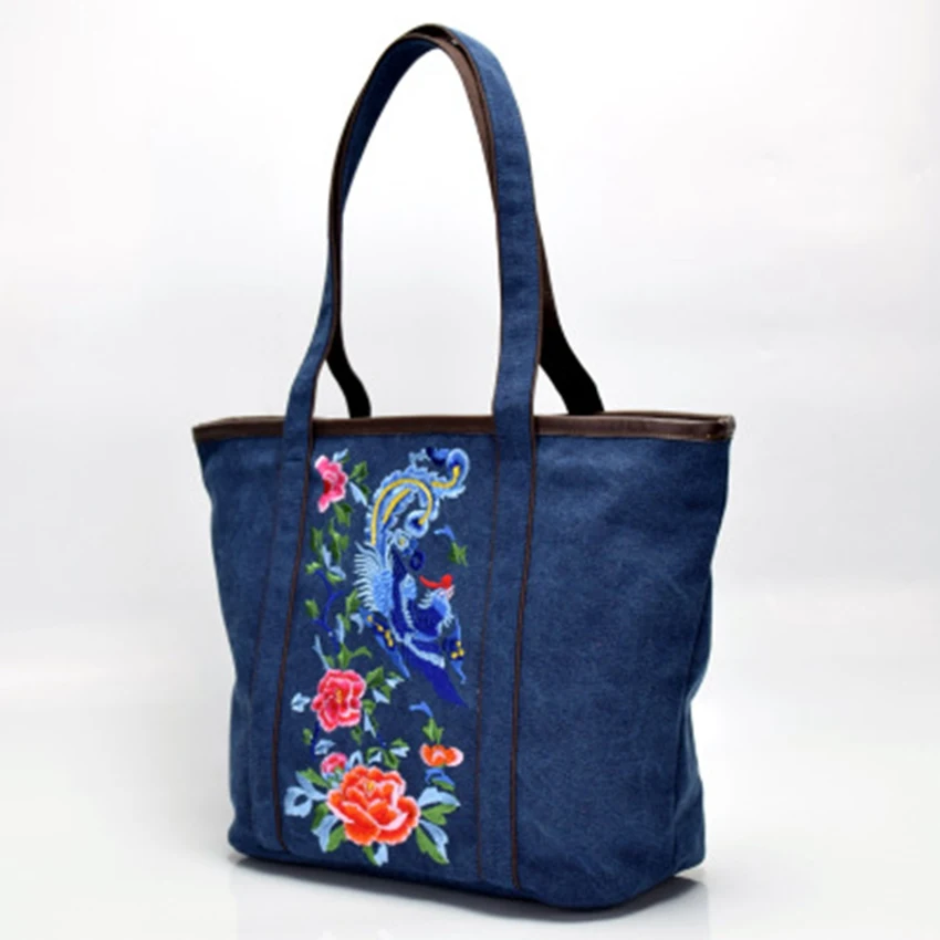 

New national wind embroidered big bag female bag solid color canvas embroidery casual large capacity shoulder bag