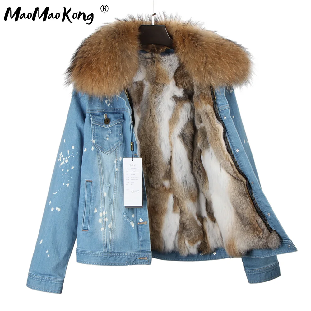 MAOMAOKONG Brand 2023 New Women Coat Girl Denim Jacket Real Rabbit Fur Thick Lining Raccoon Fur Collar Bomber Jacket Warm