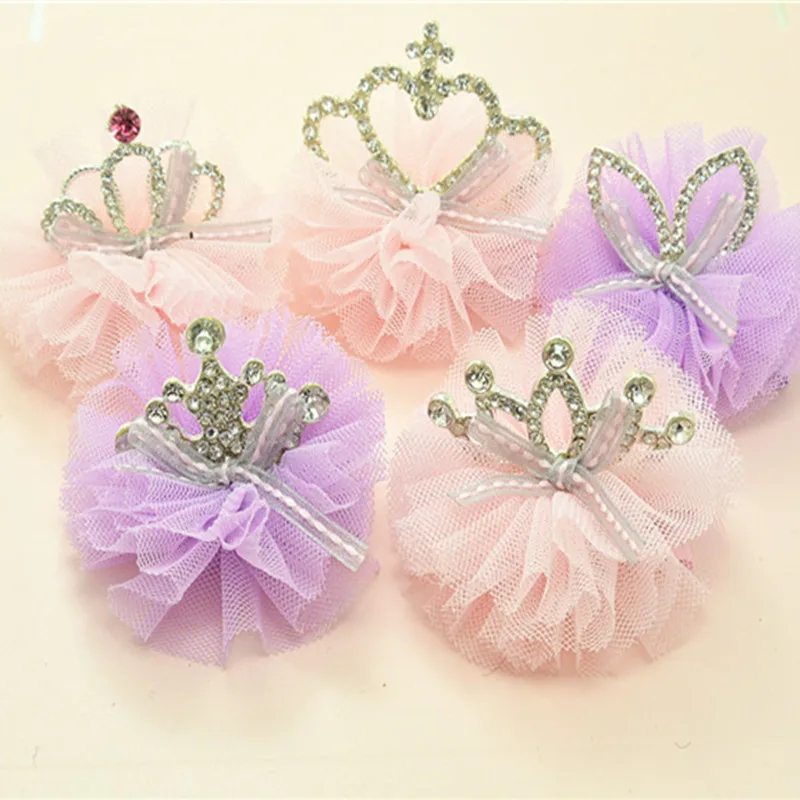 

New Design Shiny Rhinestone Crown Hair Clip Girls Hair Accessories Grid Yarn Crown Children Accessories Ribbon Baby Hairpins