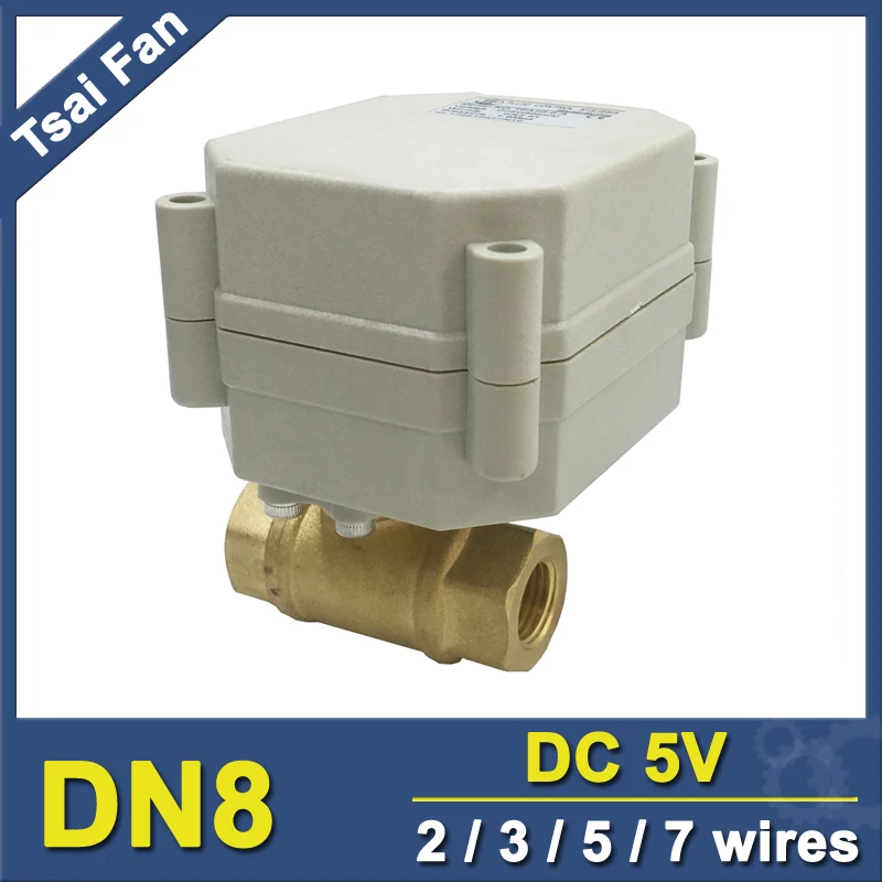 

TF8-B2-A 2 Way Brass 1/4'' DN8 Motorized Ball Valve Metal Gear DC5V 2/3/5/7 Wires On/Off 5 Sec For Water Application