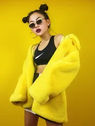 Yellow Faux Fur Jacket Women's Winter Coat Top Long Sleeve Elegant Fluffy Shaggy Fake Fur Coats Female Outerwear Ladies Overcoat