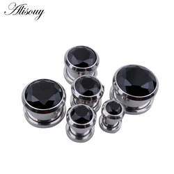 Alisouy 1 Pair Black color Crystal Zircon Ear plug Stainless Steel Screw Ear Expanders punk Style Gauges 4mm to 16mm for female