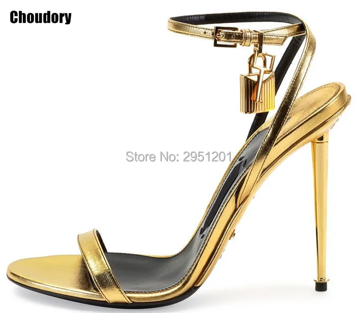 Hot Sale 10 cm Sexy Women Summer High Heel sandals Open Toe Gold Lock Ankle Strappy Strap Celebrity Shoes Gladiator Sandals