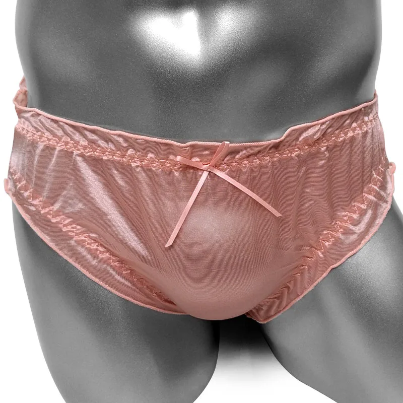 Sissy Bikini bragas de seda transparente con volantes para Hombre Ropa interior ropa interior Sexy Lencería brillante Gay hombre calzoncillos bolsa