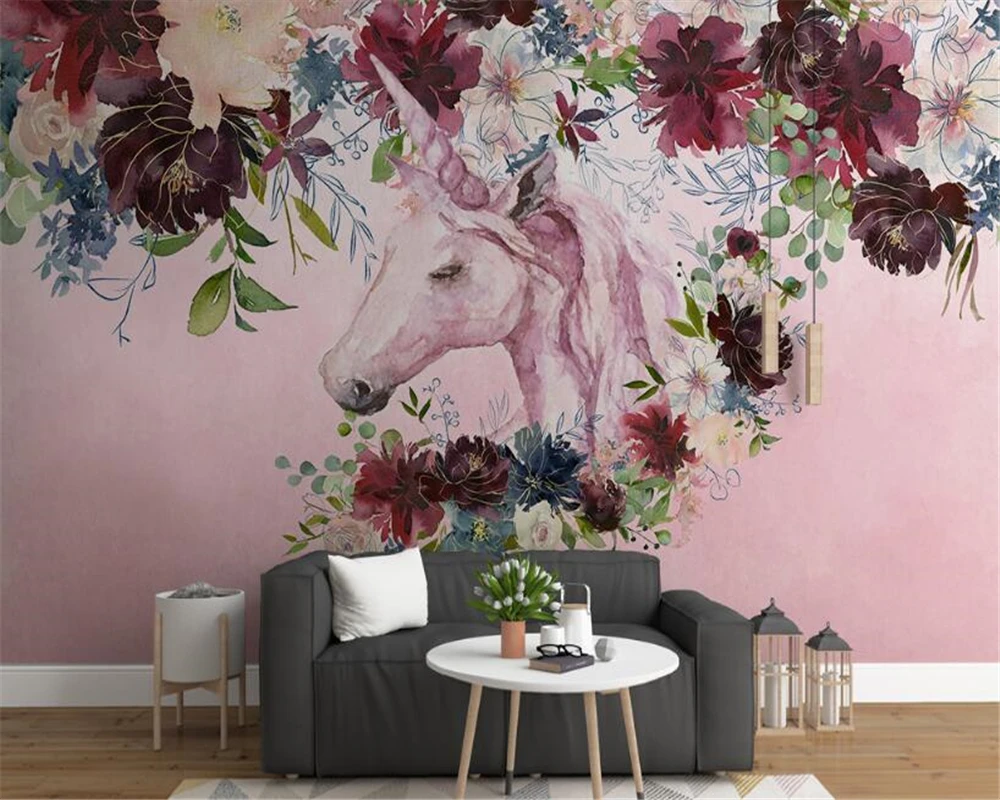 beibehang New fashion personality silk cloth 3d wallpaper Nordic simplicity unicorn floral background wall painting papier peint