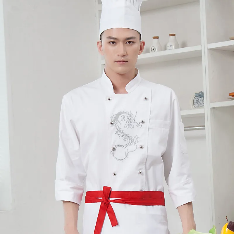 Ropa de trabajo de estilo chino de manga larga para Chef, uniforme bordado de dragón para Hotel, restaurante, ropa de trabajo, Tops de cocinero