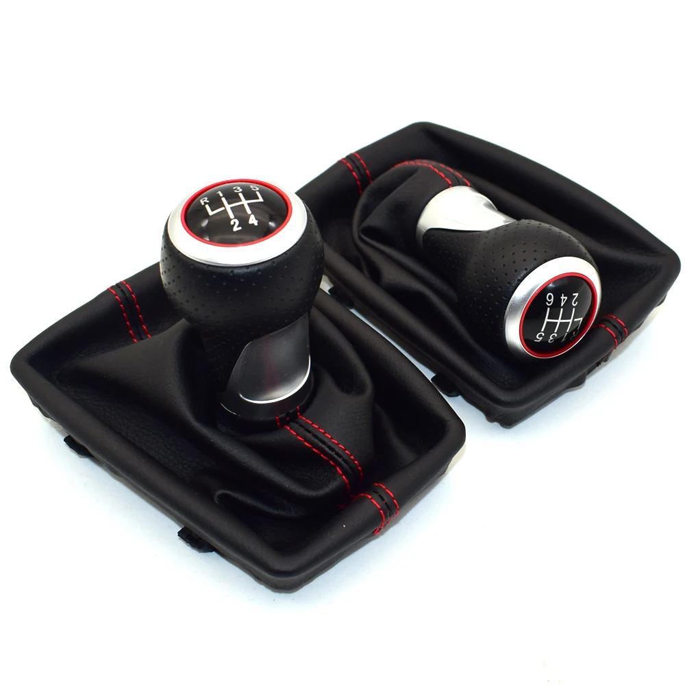 5 / 6 Speed Leather RED Gear Shift Knob Chrome Red Ring Pen Gaiter Boot For Audi A4 S4 B8 8K A5 8T Q5 8R S Line 2007-2015