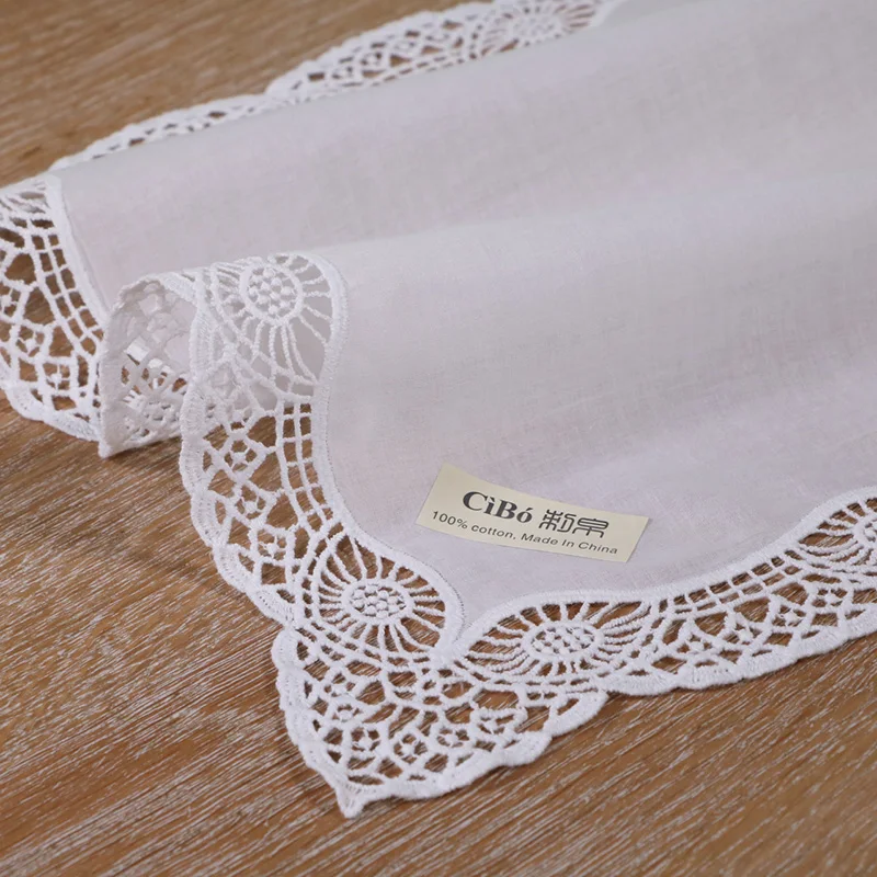 D605-M: White premium cotton lace wedding handkerchief crochet hankies for women/ladies bridal gift