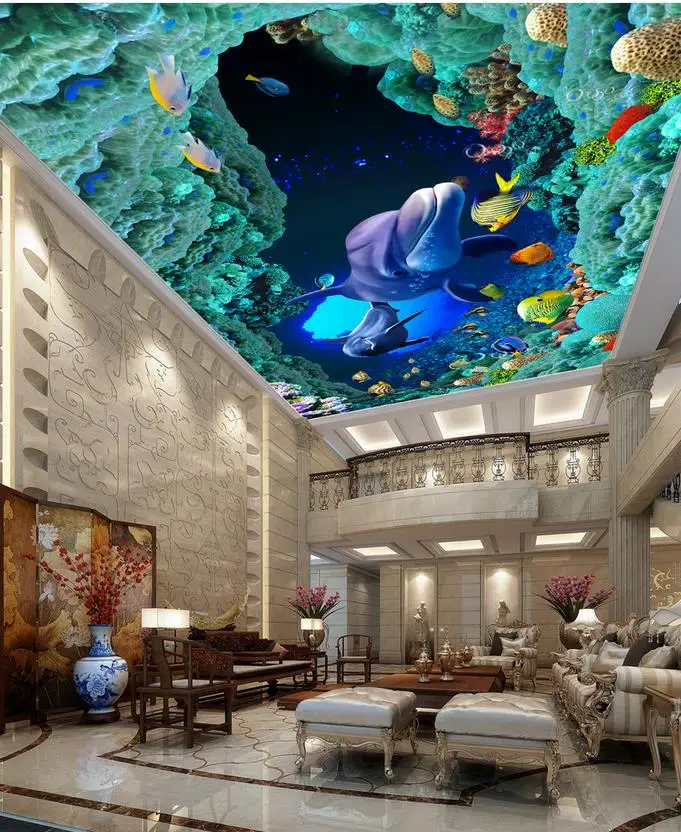 

3d wallpaper modern for living room murals ceilings Sea World Dolphin ceiling Home Decoration