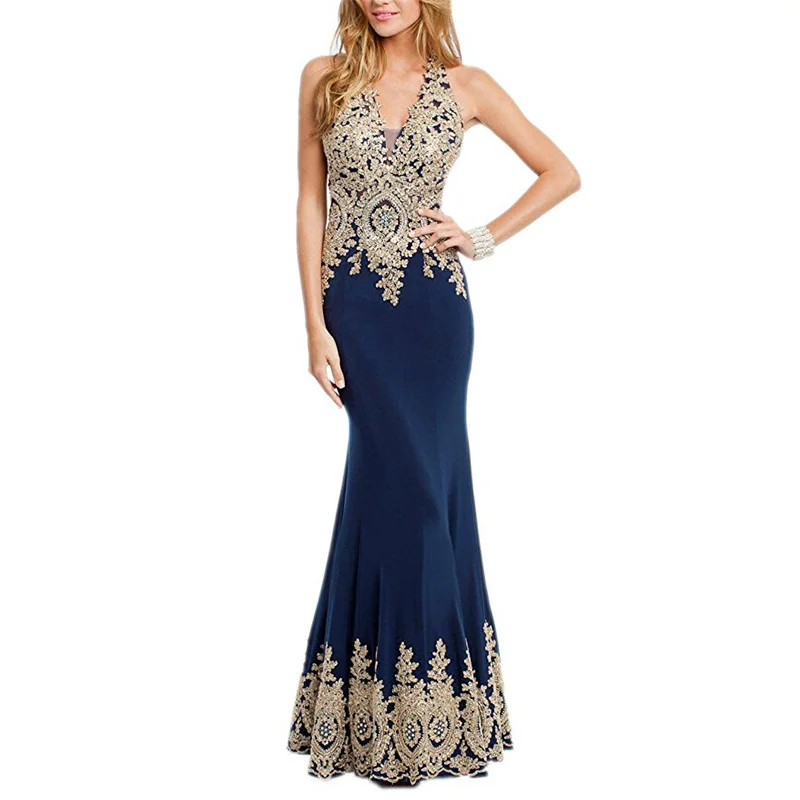 Robe de soirée de forme sirène, col licou, dorée, tenue de soirée élégante et Sexy, bleu marine, nouveauté 2019