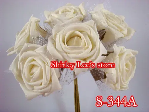 Wholesale--72 BUNCHES=432 Fabulous (7CM) BIG IVORY FOAM ROSE  BUNCH W/ORGANZA MESH *(FREE SHIPPING BY EMS)