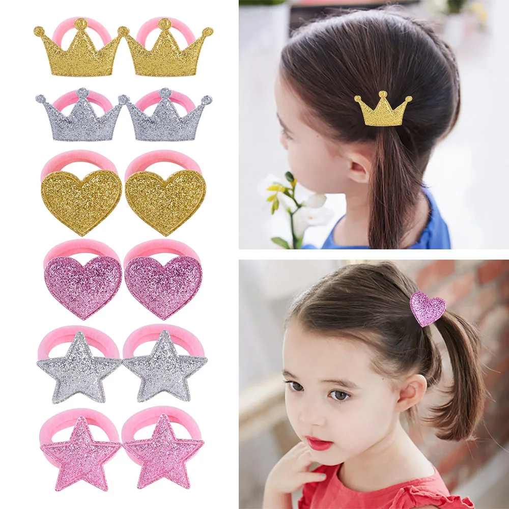 

2Pcs/lot Crown Star Princess Elastic Hair Bands For Girls Boutique Hair Rope Children Hair Accessories Hair Ribbon