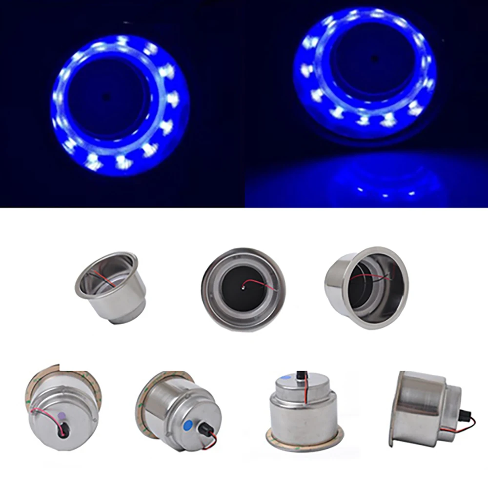 JEAZEA 2pcs 12V Blue 8 LED Car Truck RV Camper Marine Boat Recessed Stainless Steel Cup Drink Holder Accessories