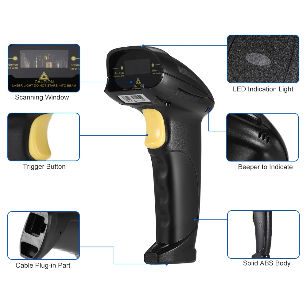 New USB Or RS232 Cable Laser Barcode Scanner Handheld Wired 1D Barcode Scanning Gun for Supermarket