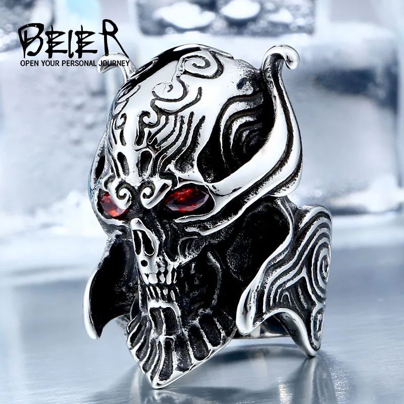 BEIER Cool Big Punk Stainless Steel Unique War Skull Head Ring  For Man With red eye High Quality BR8-336