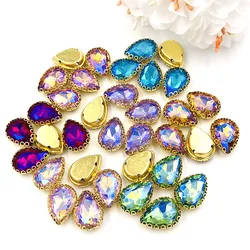 New arrival Teardrop shape strass sew on rhinestones gold base lacy claw glass crystal rhinestone Diy clothing accessories 20pcs