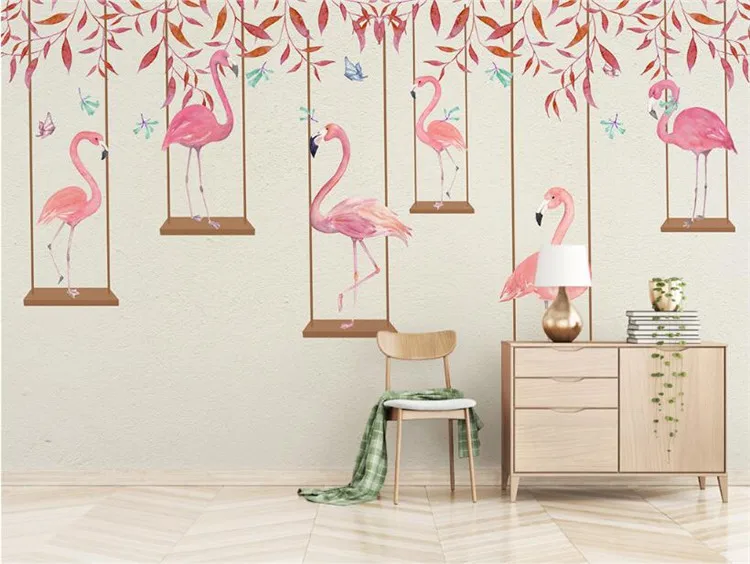 Modern minimalist cartoon pink flamingo personality children room boy girl room background wall photo living room TV wallpaper