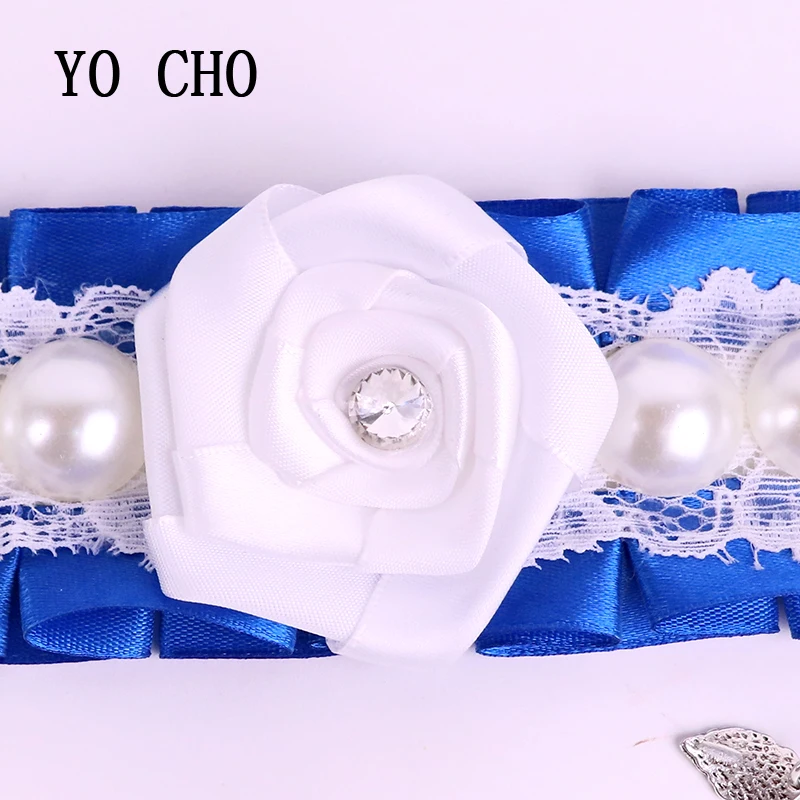 YO CHO High-end Wedding Decor Wrist Flowers White Rose Blue Stain With Pearl Crystal Bridesmaid Sisters Hand Flowers DIY Prom