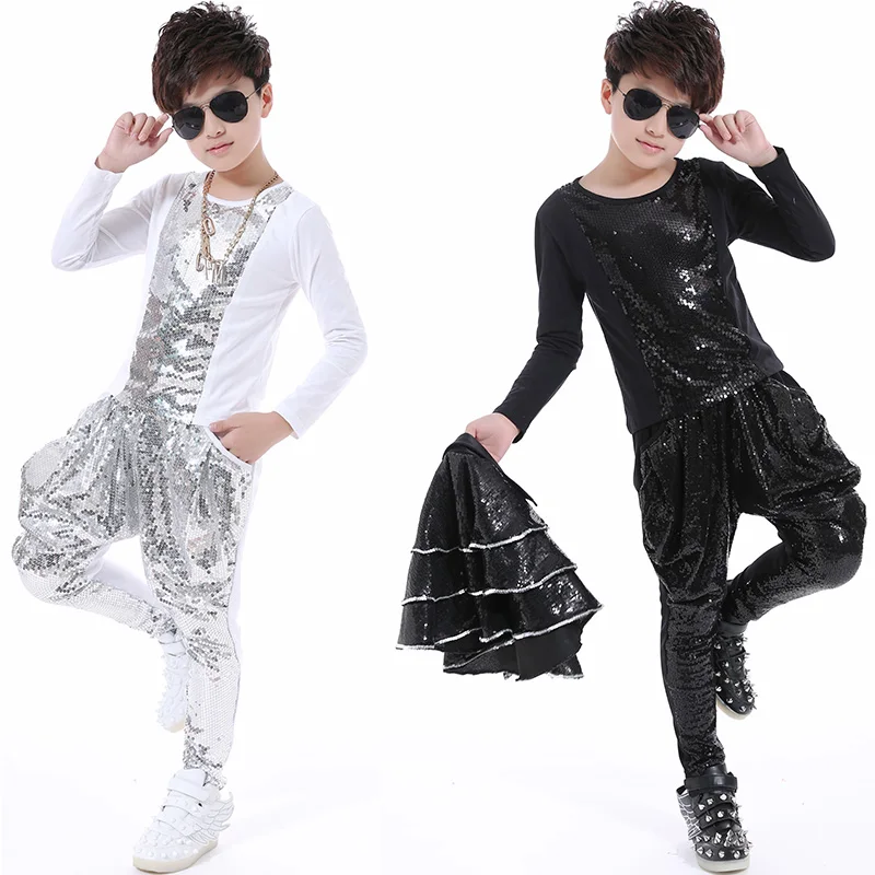 Jazz Dance Costumes Child Sequined Long Sleeved Shirt Harem Pants Children Street Clothes Kids Stage Performance Wear DNV11063