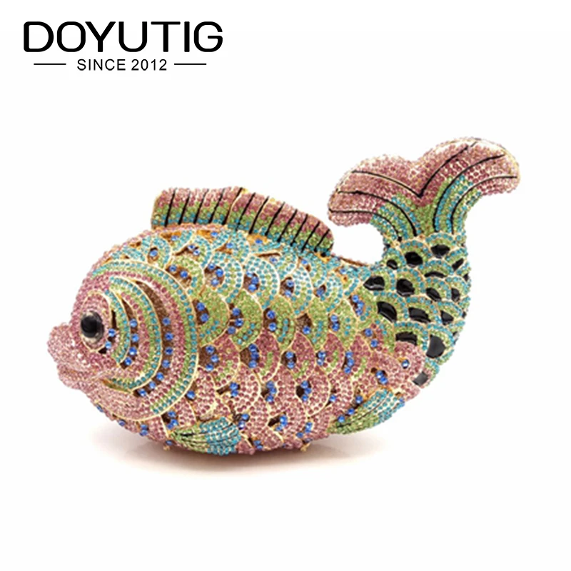 Fashion Design Colorful Crystal Diamond Women Fish Evening Clutch Bag Bridal Mini Metal Handbag & Purse Wedding Clutches A139