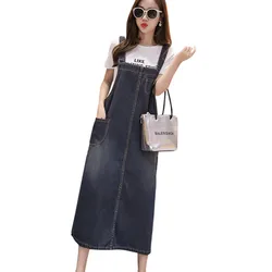 Summer Women Long Denim Dress Sundress Fashion Pockets Casual Loose Overalls Dresses Female Blue Strap Jeans Dress Plus Size 5XL