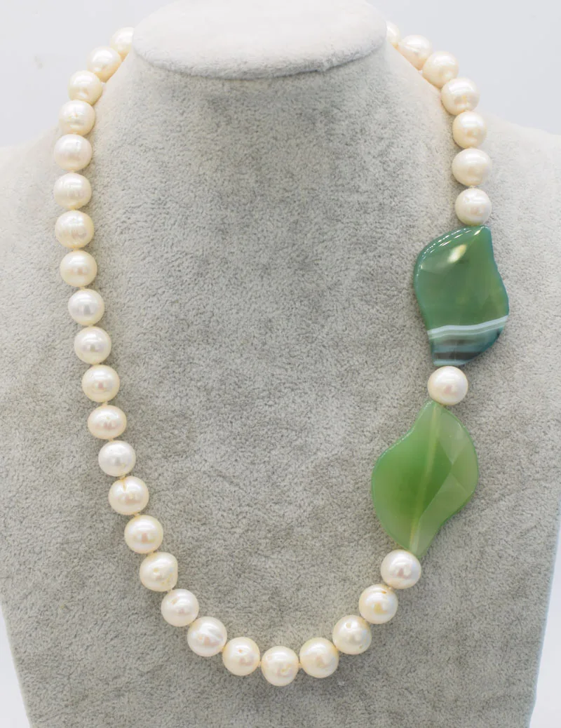 

freshwater pearl near round 10-11mm and green agate flat necklace nature FPPJ wholesale beads 19inch