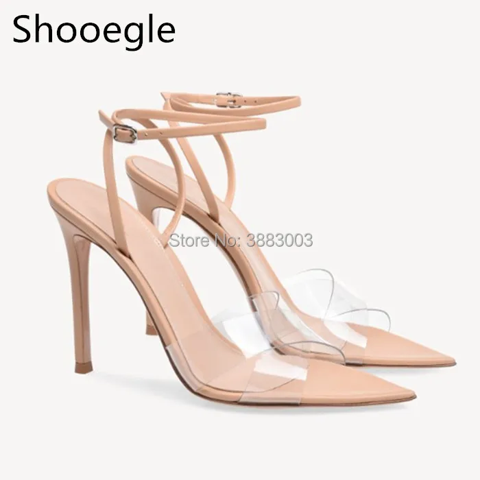 

Summer PVC buckle strap pointed open toe women sandals thin high heels pumps sexy Stiletto black red nude party dress shoes