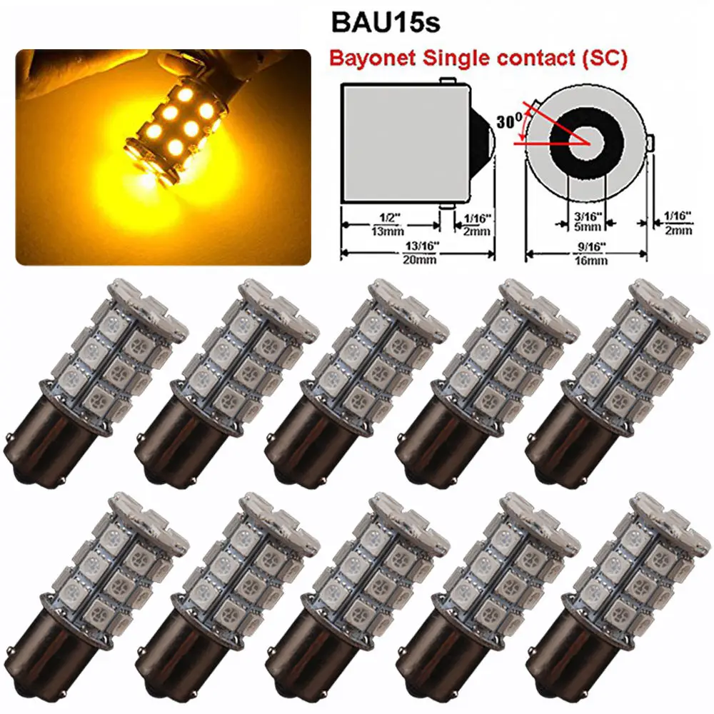 

10x Yelllow Amber 1156PY BAU15S 7507 PY21W 27-SMD 5050 Turn Signal LED Light For Car Auto