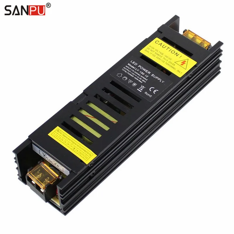 SMPS LED Driver 12v 150w 12a Constant Voltage Switching Power Supply, 110v 220v ac to dc Lighting Transformer Black Aluminum