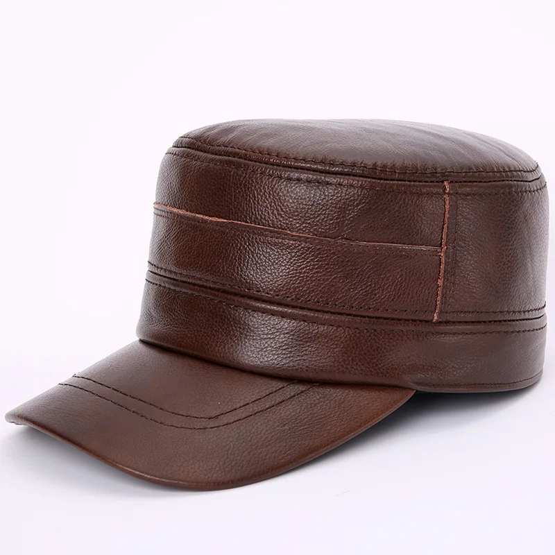 

Men Genuine Leather Hat Male Cowskin Winter Warm Hat Solid Color Brown Black Leather Cap Waterproof Leisure Hats B-7276