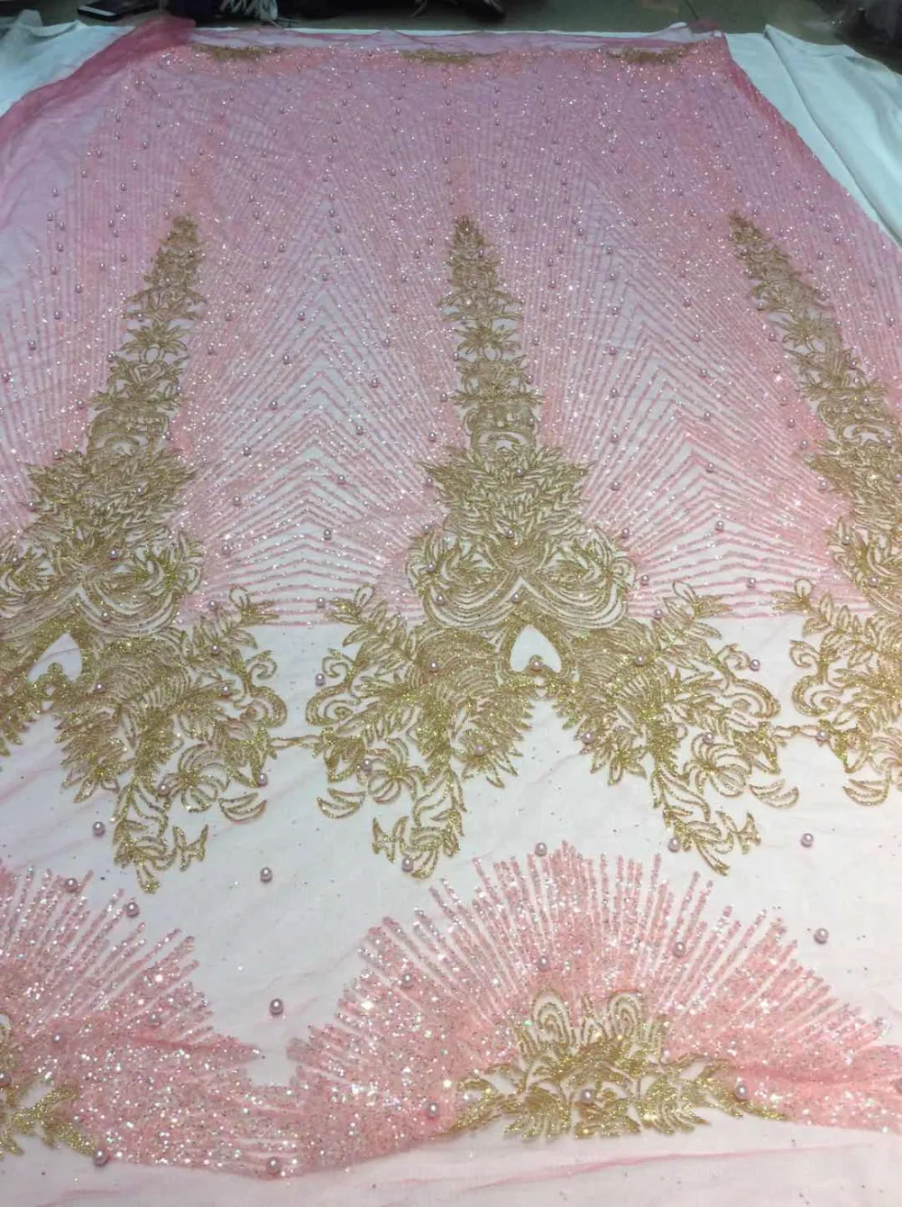 

ap226 # 5 yards pink gold pearls sparkly lovely print glued glitter tulle mesh sugar bridal lace fabric for sawing dress