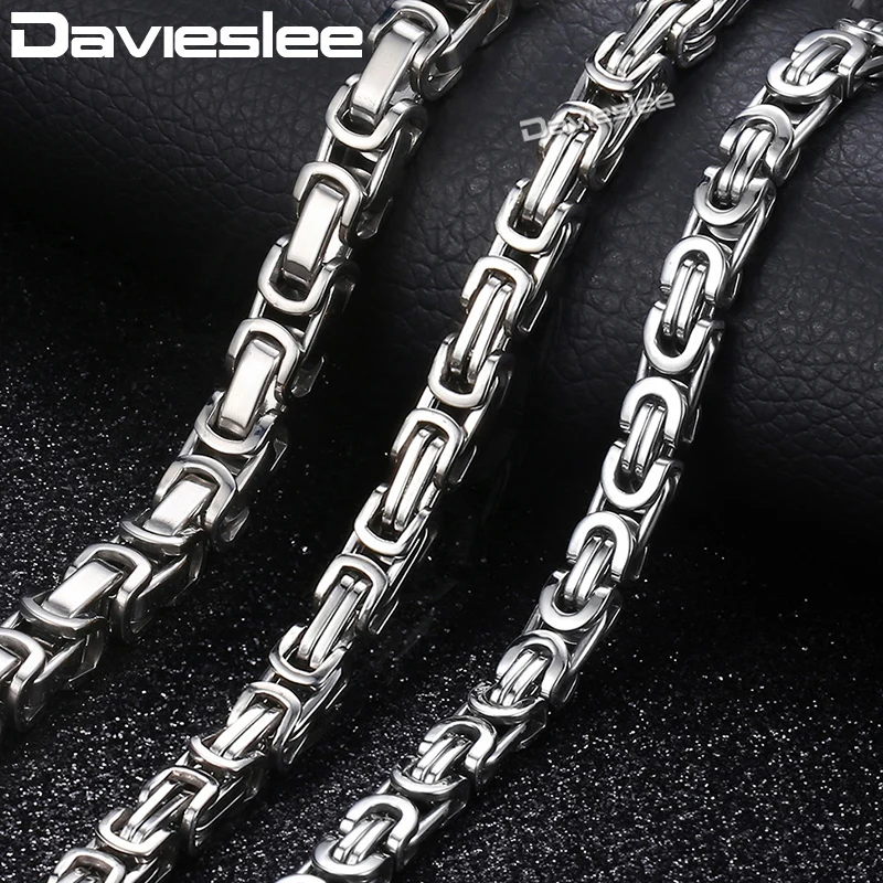 Davieslee Mens Necklaces Chains Silver Color Stainless Steel Byzantine Chain Necklace for Men Jewelry Fashion Gift 5/7mm LKNN21