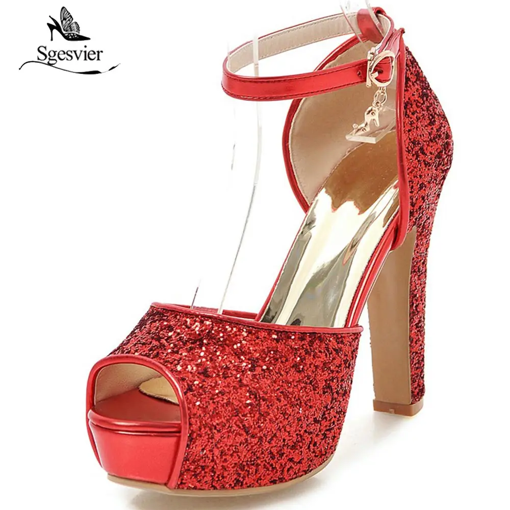 SGESVIER Women New Summer Sandals Sexy Bride Wedding Party Shoes Peep Toe Thick Heel Platform Red Gold Sandals Shoes Woman OX362