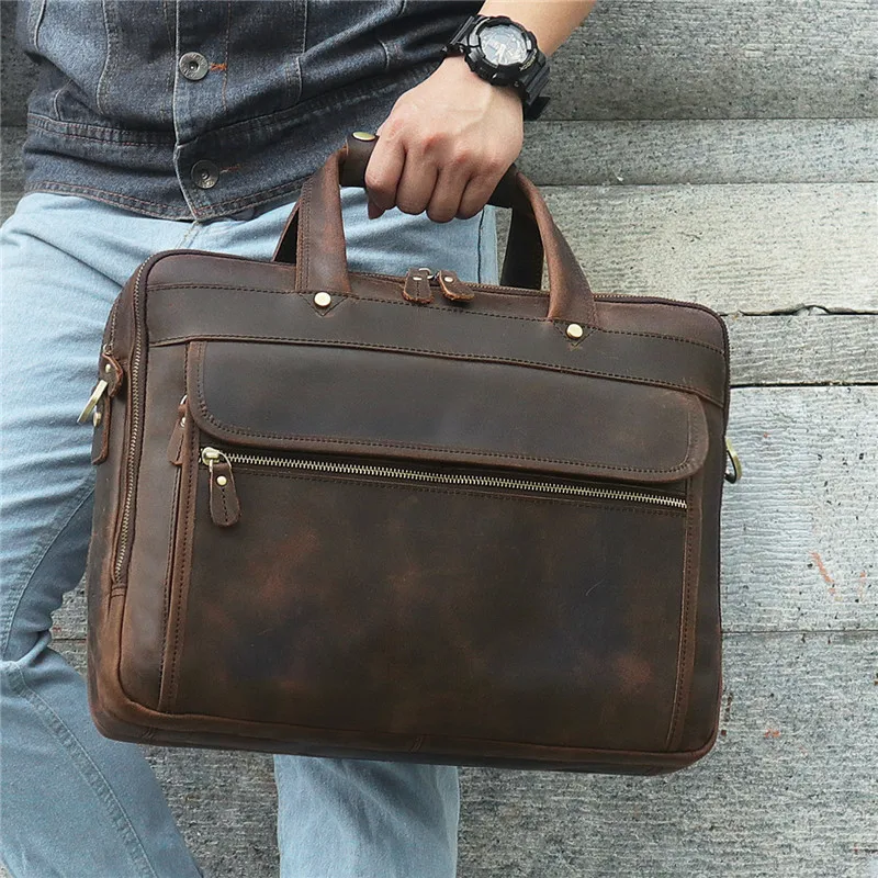 Nesitu Brown Genuine Leather Men Briefcase Messenger Bags Business Travel Bag Crazy Horse Leather 15.6\'\' Laptop Portfolio M7388