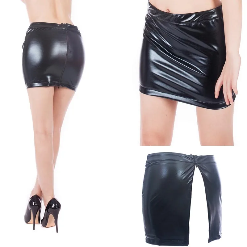 Sexy Wet Look Metallic Low Rise Full Back Zipper Hot Short Bodycon Mini Skirt Clubwear Dance Wear