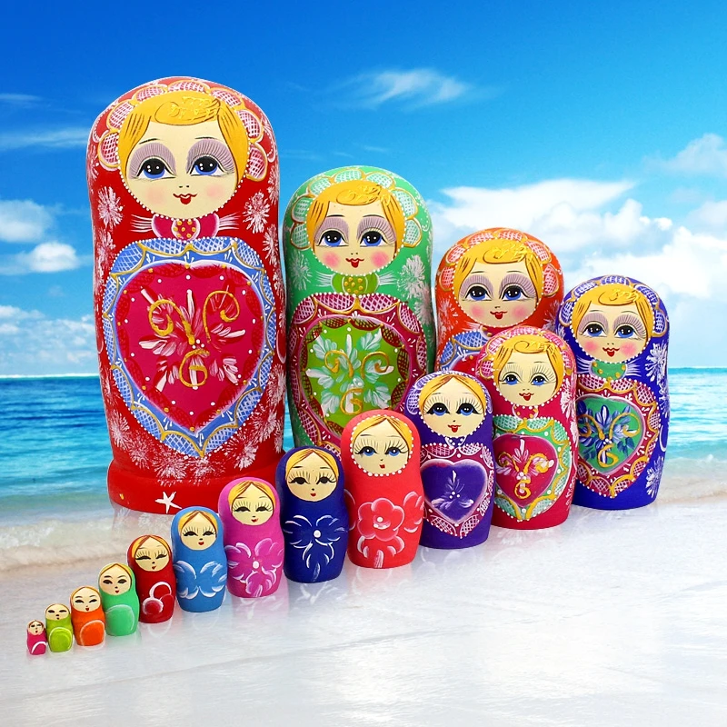 15pcs Wooden Russian Nesting Dolls Braid Cartoon Traditional Matryoshka Dolls for Baby Kids Toy&Gift Home Articles Decoration