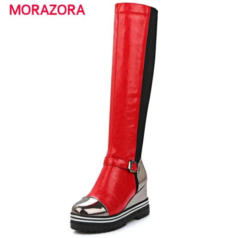 MORAZORA Round toe knee high boots platform height increasing long boots autumn fashion high heels boots buckle women shoes