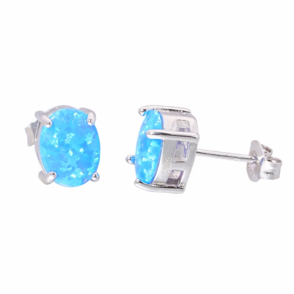 CiNily Blue & White Fire Opal Stone Stud Earrings 925 Sterling Silver Authentic Pure Silver Oval Round Earring Gifts Women Girls