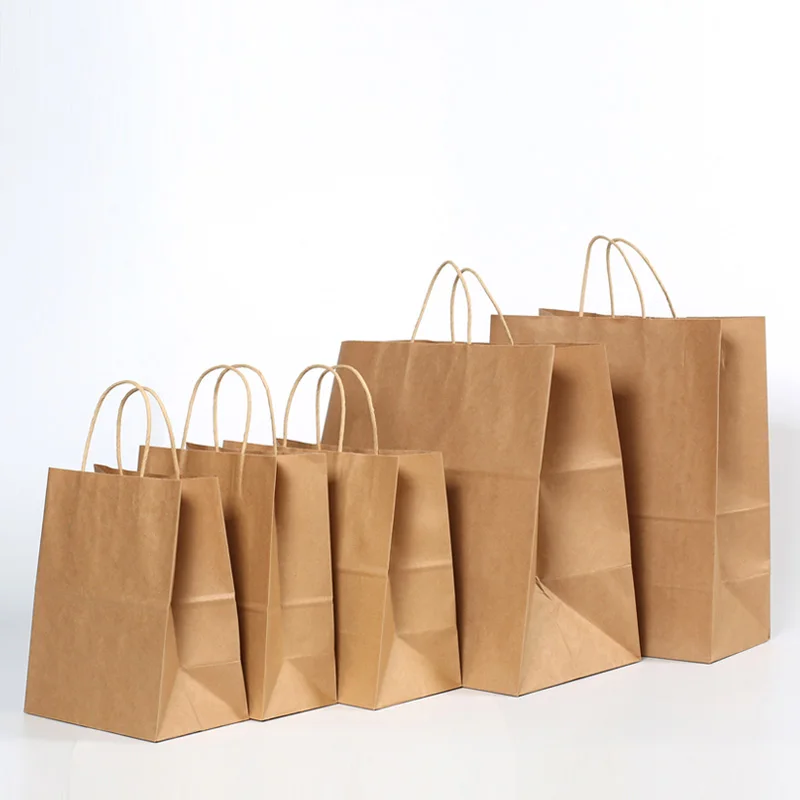 

500 Pcs 3 sizes Brown kraft paper bag with handle clothing Bread Candy Buffet Bags food packaging Boutiques bento Custom