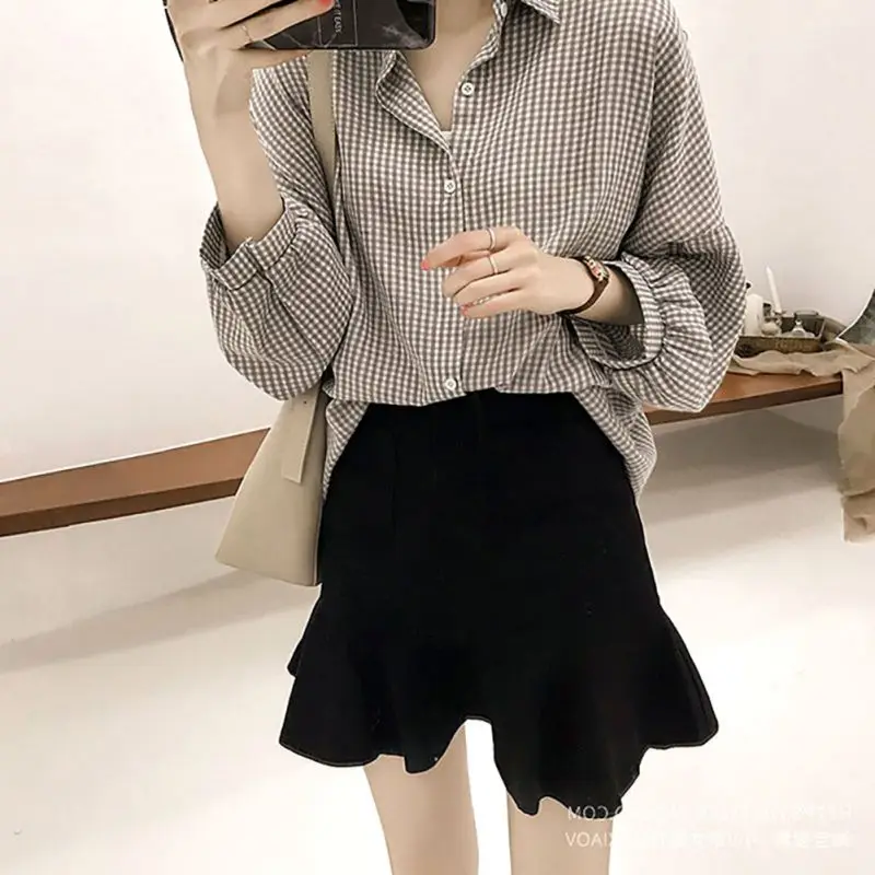 Wanita Blusas Musim Semi Musim Gugur Blus Kantor Wanita Slim Hitam Kemeja Wanita Lentera Lengan Panjang Blus Plus Ukuran Tops Kemeja Kasual