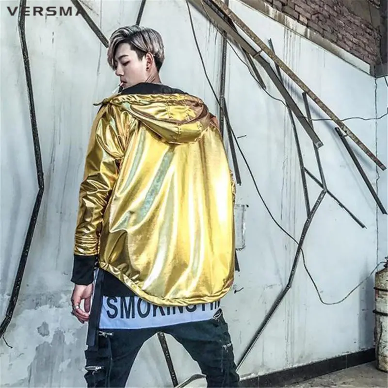 VERSMA Japanese Harajuku Jazz Hooded Shiny Bomber Jacket Men Group Costumes Autumn Hip Hop Streetwear Nightclub DJ Silver Jacket