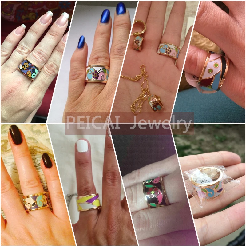 New Arrival Flower Enamel  Gold-Color 1.3CM Big Rings for Women Ethnic Stainless Steel Jewelry Mother Gift