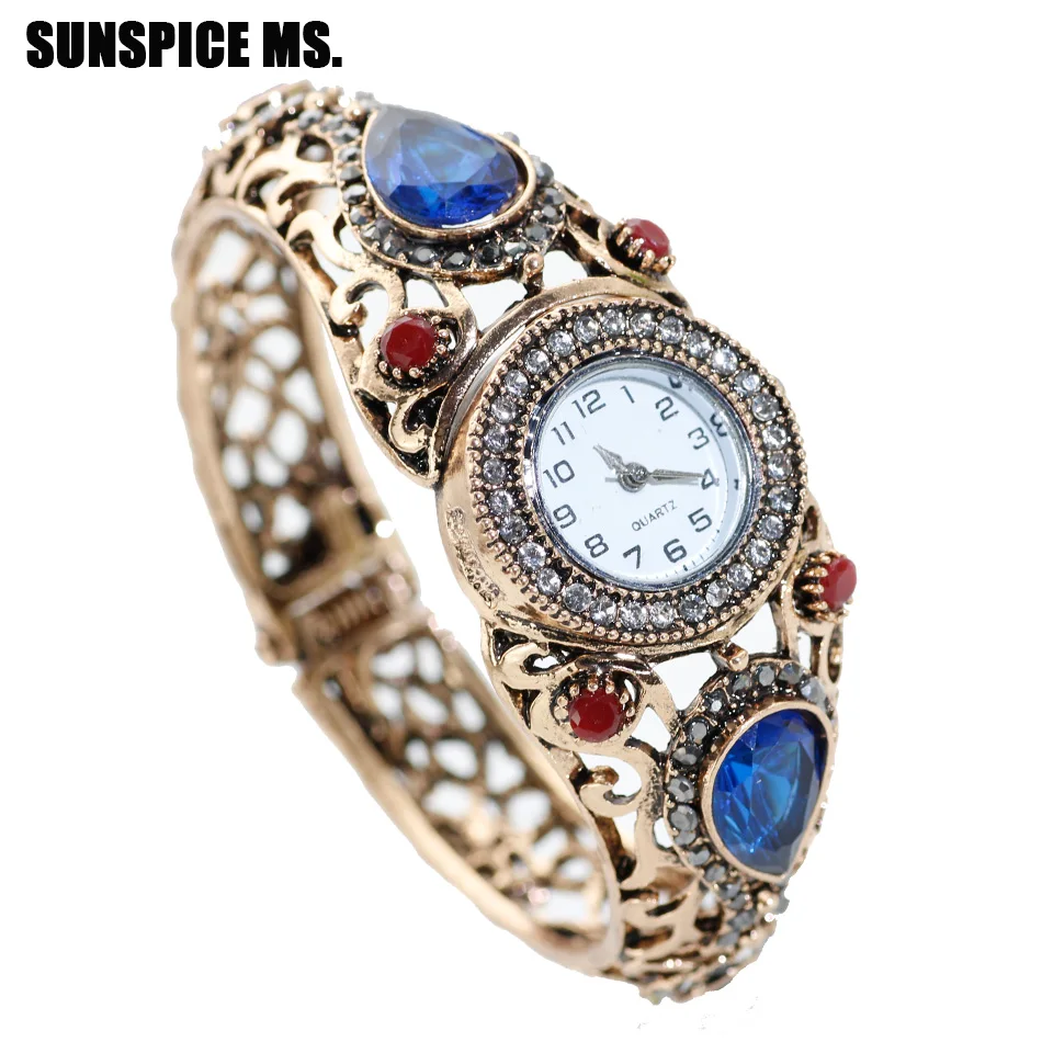 SUNSPICEMS Turkish Women Retro Vintage Bangle Watch Resin Cuff Quartz Wristwatch Antique Gold Color DUBAI Ethnic Wedding Jewelry