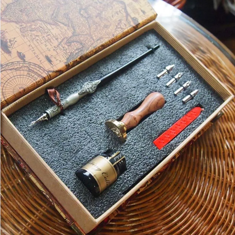 

High Quality Antique Gift Dip Pen Set with 4 Nibs 1 ink Stamp Seal Wax Wedding Handwriting Pen