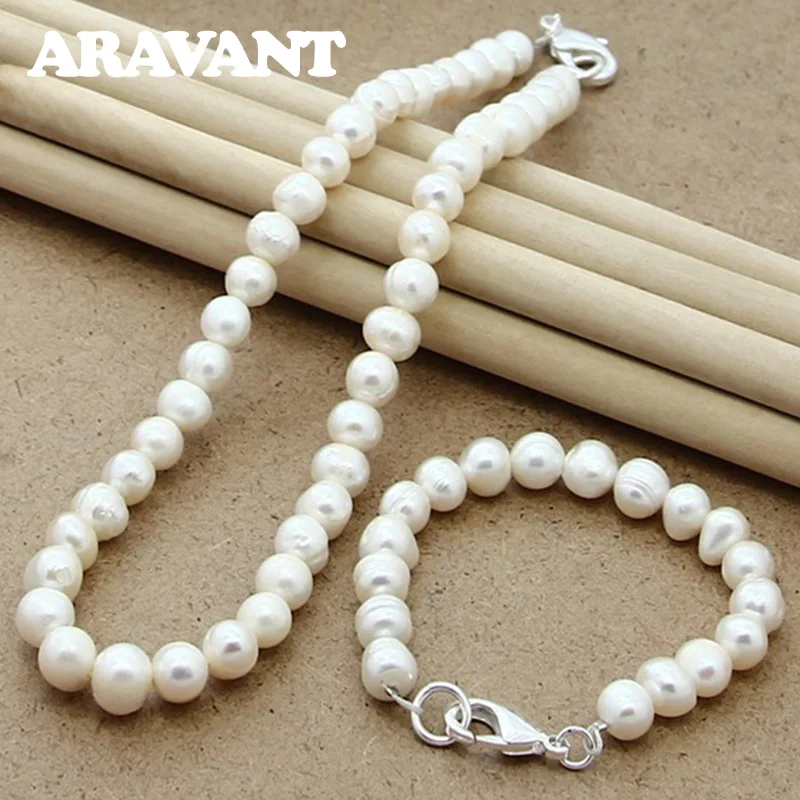 Aravant Fashion Simulated Pearl Jewelry Sets Silver 925 Women White Pearl Necklace Bracelet