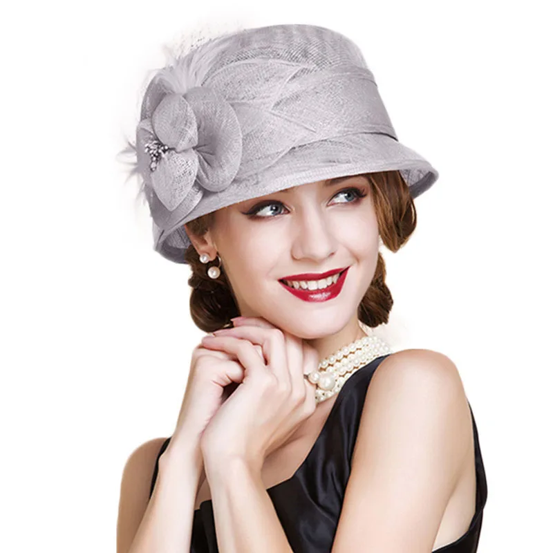 Hats Women Pink Fedoras Flowers Wide Brim Derby Hat Fascinator For Wedding Summer Church Party Ladies Chapeu Feminino