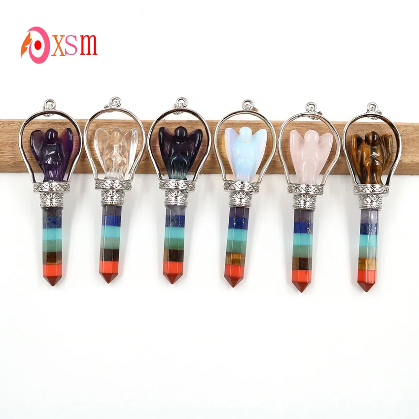 XSM 10pcs Rainbow 7 Chakras Hexagon Prism Natural Reiki Healing Amethysts Opal  Fluorite Angel Scepter Pendant Charm Jewelry