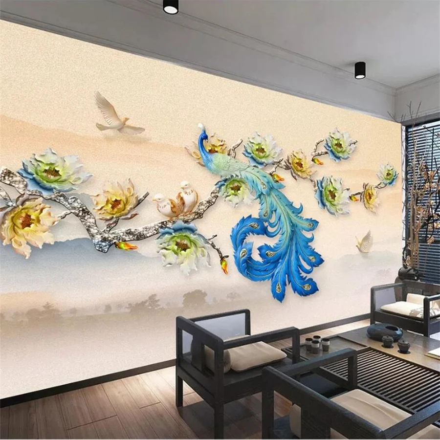 

wellyu Custom wallpaper 3d mural modern minimalist new Chinese embossed floral peacock TV background wall mural papel de parede