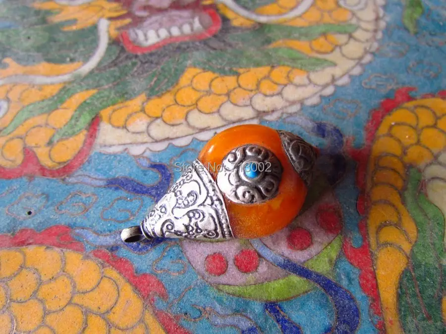 Lucky Tibetan Silver wrap beeswax Amulet Pendant Inlay gemstone Talisman