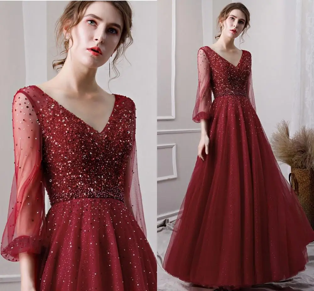 Luxe Avondjurken 2019 A-lijn Lange Mouwen Kralen Kristallen Dark Red Vrouwen Formele Party Prom Dress Robe de Soiree